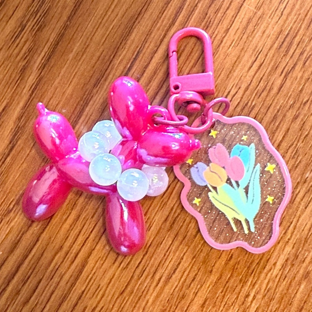 Pearl Kawaii Cartoon Cute Balloon Dog Keychain with Multicolored Floral Charm